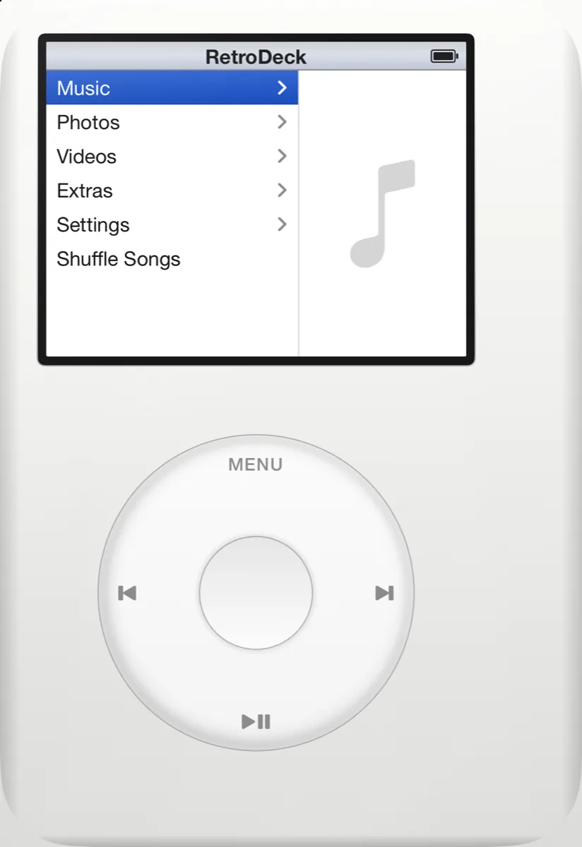 RetroDeck on iPhone Duo closed outer display showing the classic portrait layout: the main menu screen on top and the click wheel below.