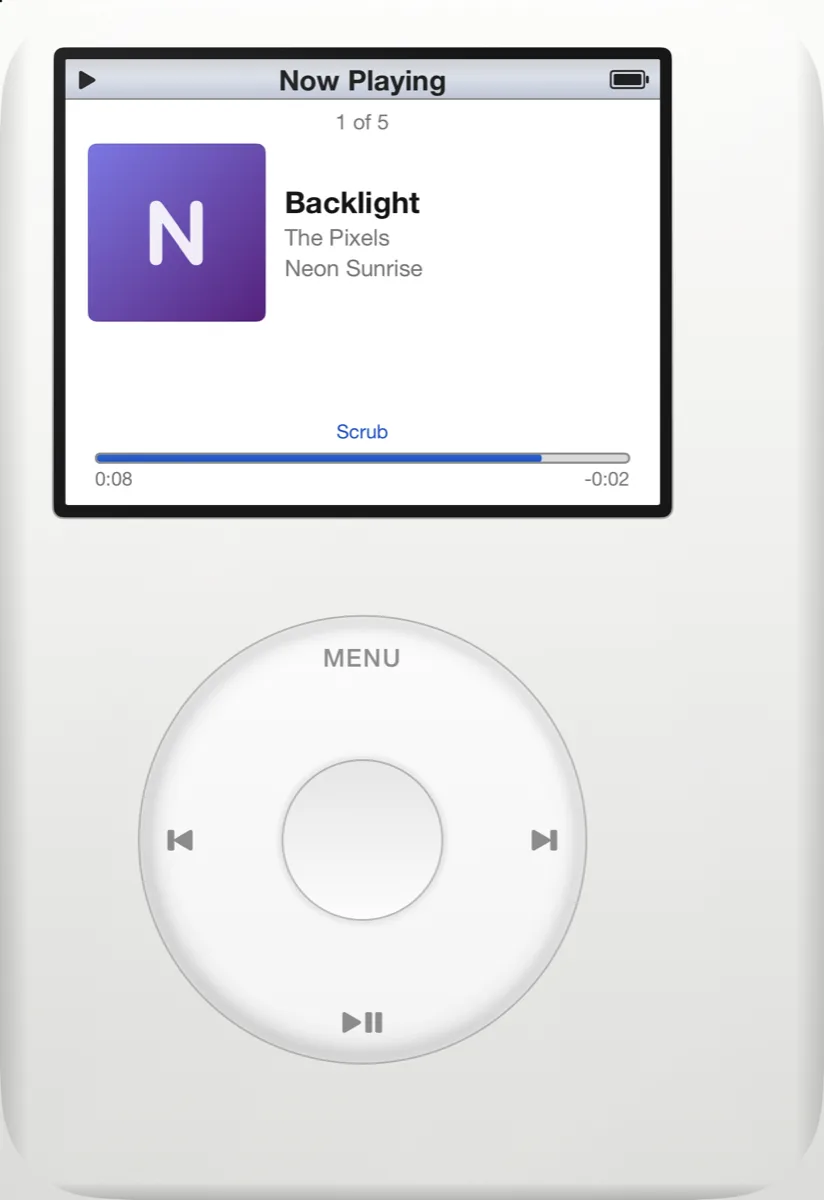 RetroDeck on iPhone Duo closed outer display showing Now Playing with album art, the 1 of 5 track counter and the scrubber, above the click wheel.