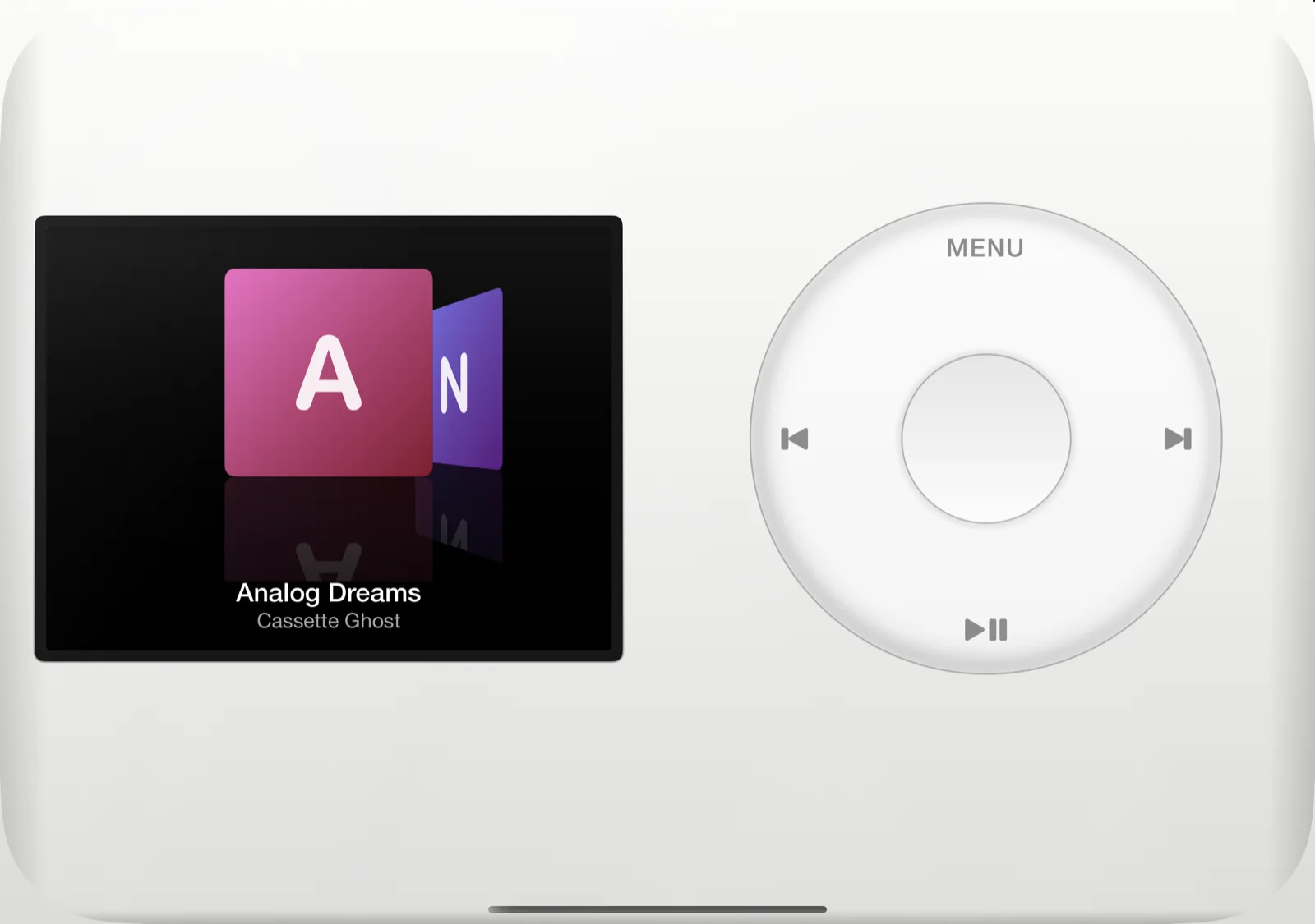 RetroDeck on iPhone Duo open display showing Cover Flow on the left half, a pink album cover in 3D with its reflection, and the click wheel on the right half.