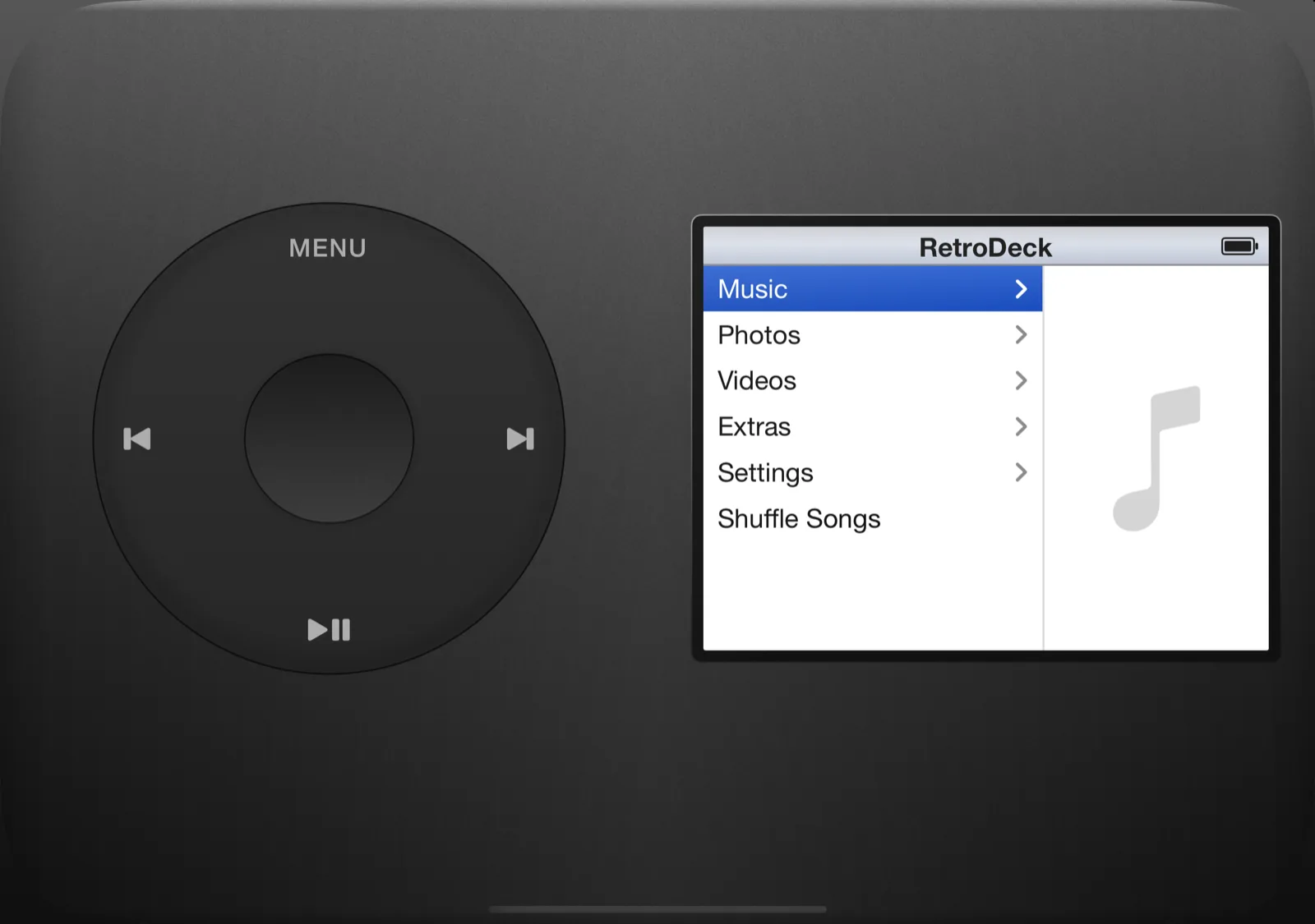 RetroDeck on iPhone Duo open display in the black skin with Wheel Side set to Left: the dark click wheel on the left half and the main menu screen on the right half.