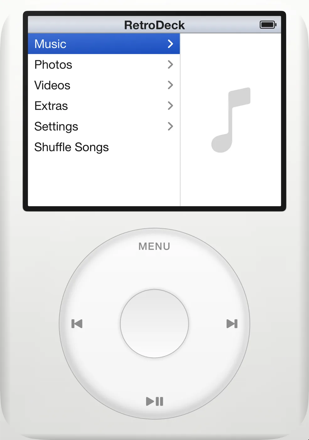 RetroDeck on iPhone Duo open display held upright showing the classic layout at full size, a large main menu screen above a large click wheel.