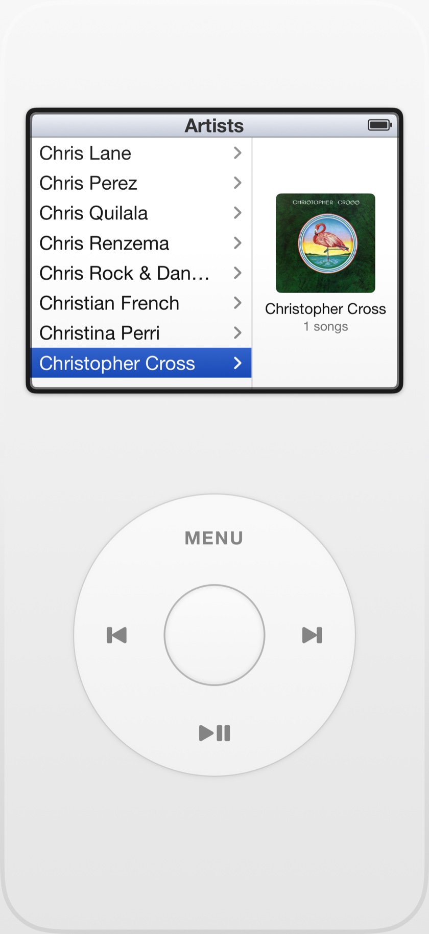 RetroDeck Artists menu in the classic split view: an alphabetical artist list with right-pointing chevrons on the left and a Christopher Cross album-artwork preview on the right.