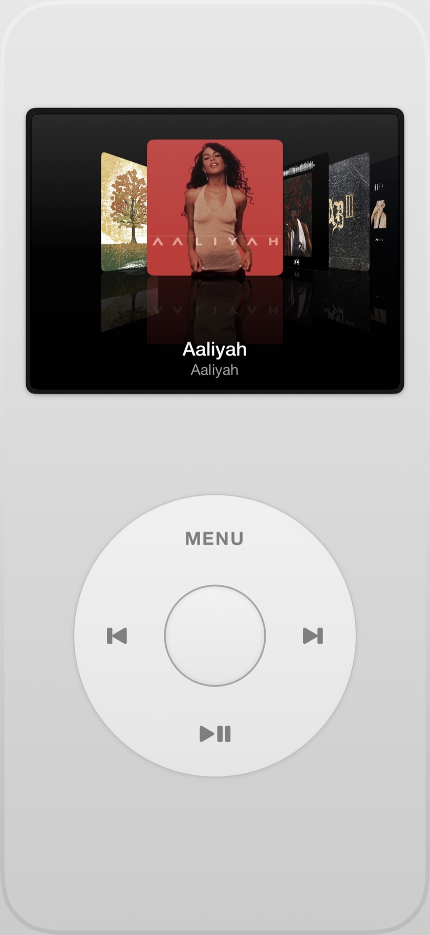 RetroDeck Cover Flow: a 3D carousel of album covers with glossy reflections, centered on the self-titled Aaliyah album.