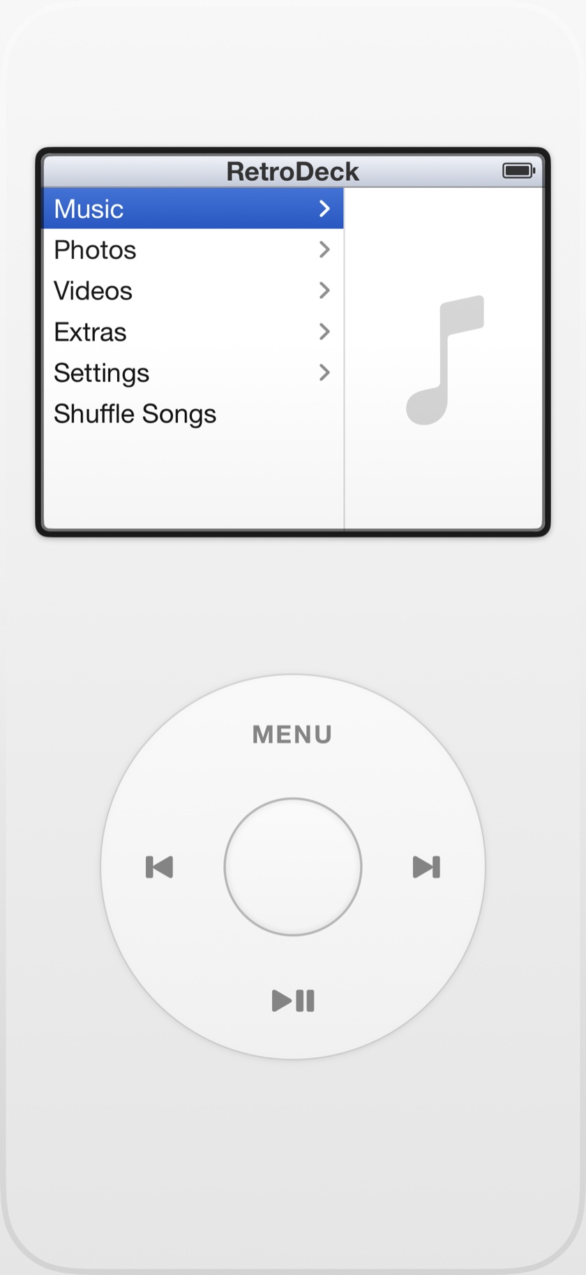RetroDeck main menu: Music selected, with Photos, Videos, Extras, Settings, and Shuffle Songs, running edge to edge on iPhone.
