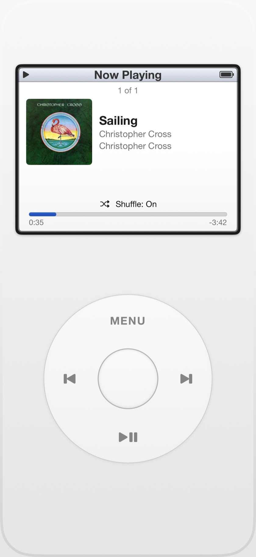 RetroDeck Now Playing screen: Sailing by Christopher Cross with album artwork, the X of Y track counter, Shuffle on, and a scrubber showing 0:35 elapsed and 3:42 remaining.