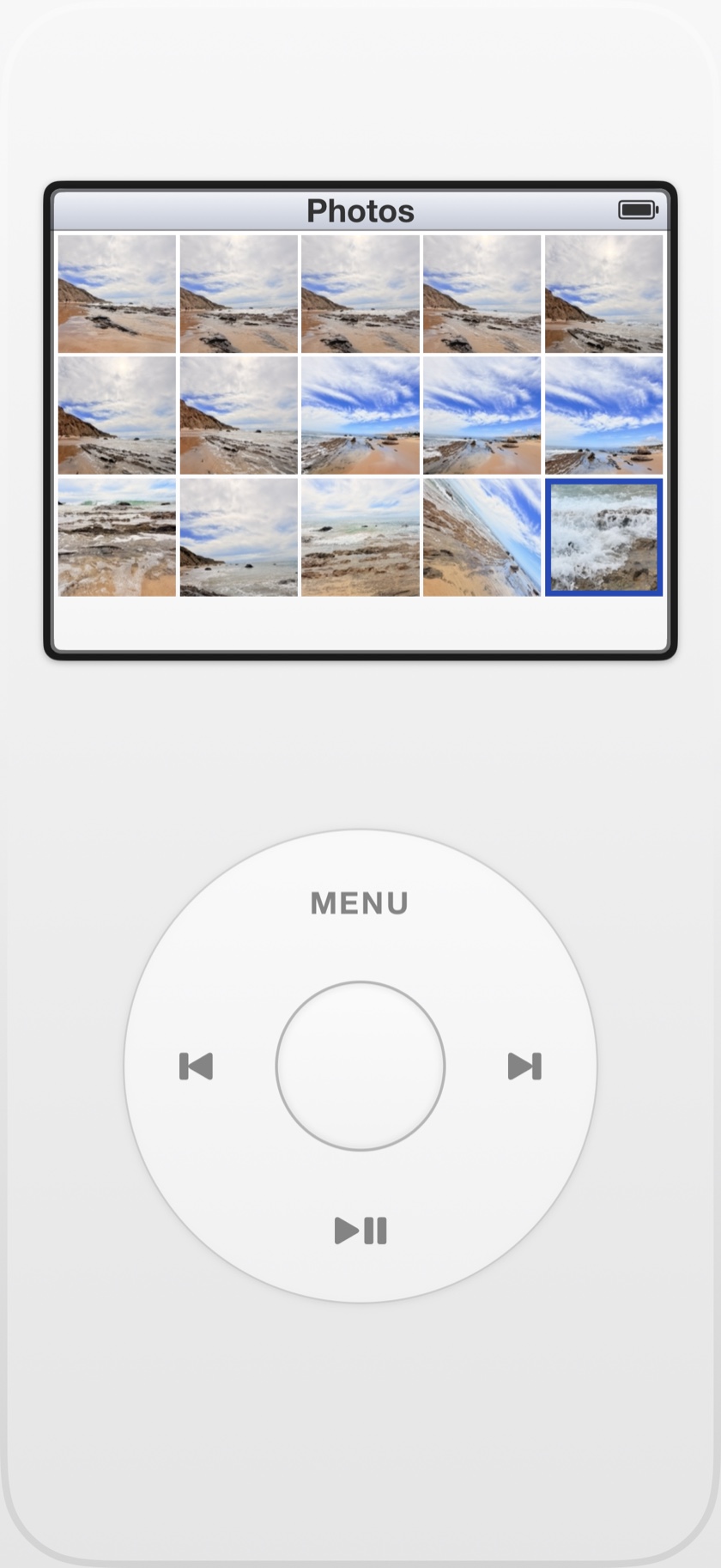 RetroDeck Photos: a grid of coastal photo thumbnails with one selected, shown on the click-wheel screen.